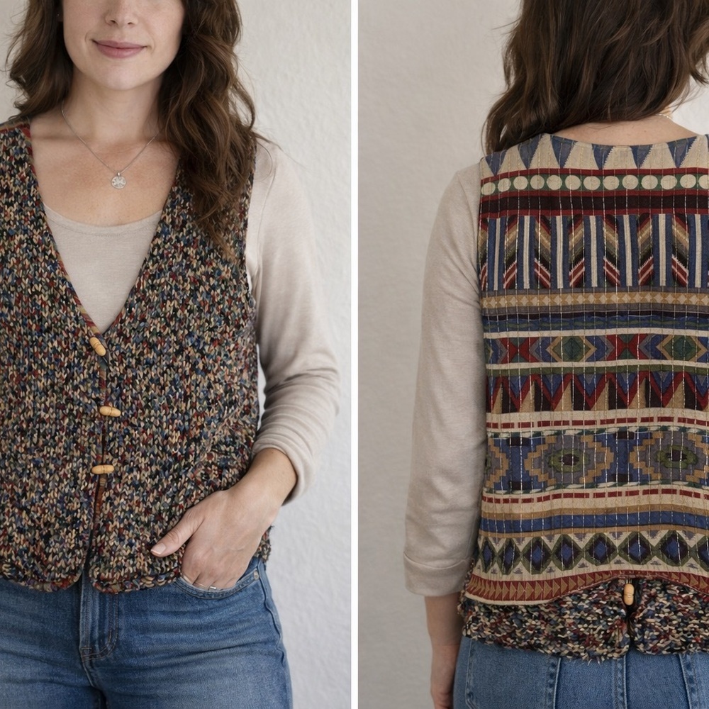 Vintage Multicolor Knit Vest Boho Southwestern Button Front Women’s Small Medium